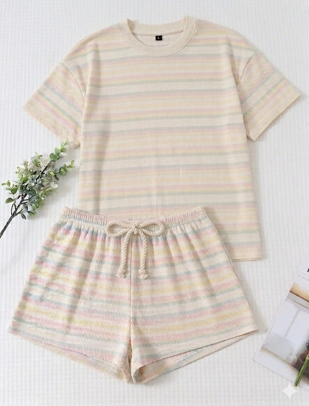 STYLE HORIZONS WOMENS STRIPED SHIRT AND SHORTS SET, CASUAL COMFY SHORT SLEEVE.