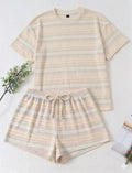 STYLE HORIZONS WOMENS STRIPED SHIRT AND SHORTS SET, CASUAL COMFY SHORT SLEEVE.