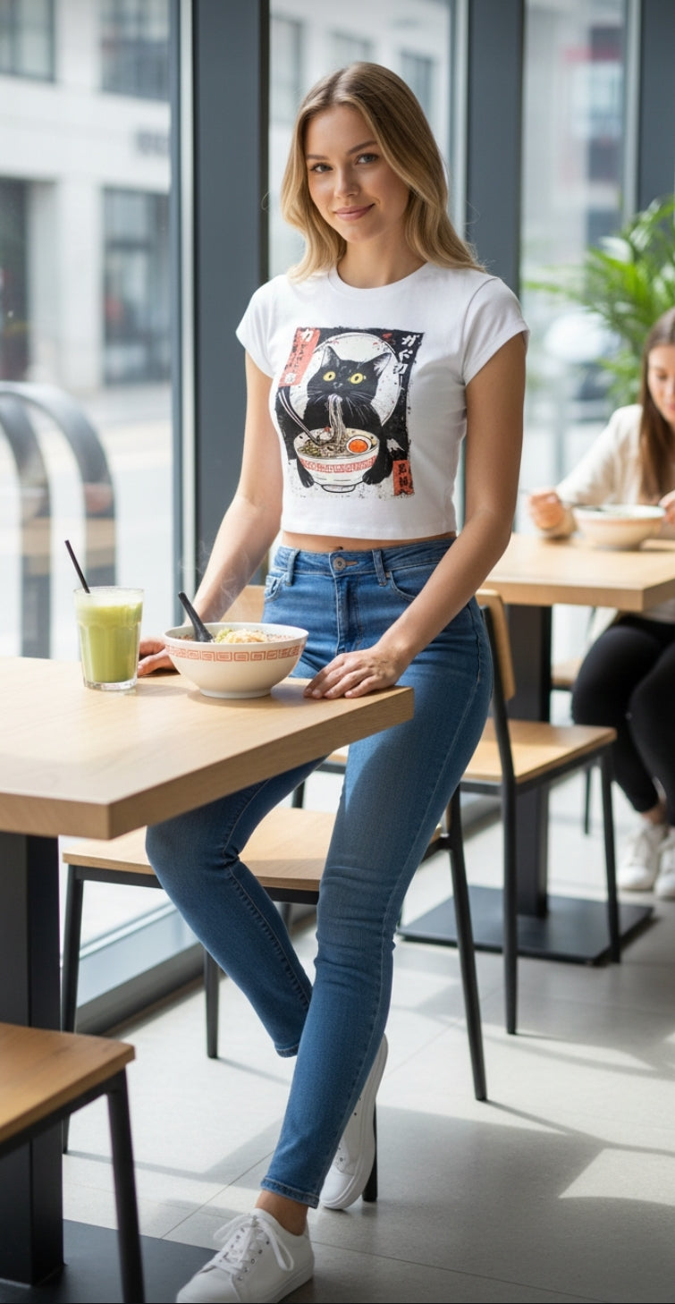 Women’s Cat Graphic Cropped T-Shirt – Slim Fit